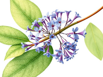 A delicate botanical branch of Ruellia tuberosa with green leaves and small blue, purple flowers, minimal style, isolated on white background.