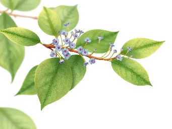 A delicate botanical branch of Ruellia tuberosa with green leaves and small blue, purple flowers, minimal style, isolated on white background.