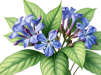 A delicate botanical of Ruellia tuberosa withgreen leaves and  blue, purple flowers (leaves and flowers have the same size), minimal style, isolated on white background.