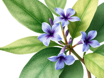 A delicate botanical of Ruellia tuberosa withgreen leaves and  blue, purple flowers (leaves and flowers have the same size), minimal style, isolated on white background.