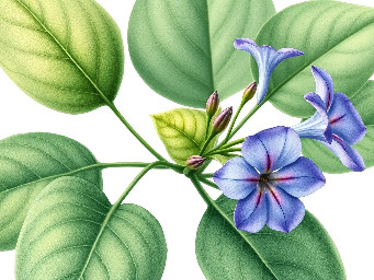 A delicate botanical of Ruellia tuberosa withgreen leaves and  blue, purple flowers (leaves and flowers have the same size), minimal style, isolated on white background.