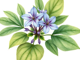 A delicate botanical of Ruellia tuberosa with small green leaves and medium blue, purple flowers, minimal style, isolated on white background.