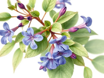 A delicate botanical of Ruellia tuberosa with small green leaves and medium blue, purple flowers, minimal style, isolated on white background.