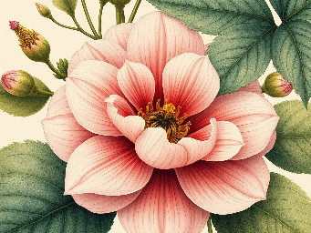 Generate botanical art blending vintage illustrations and hyperrealism, focusing on intricate details, soft color gradients, and realistic textures of petals and leaves, evoking 19th-century botanical prints. Create traditional hand-drawn botanical illustrations with vibrant colors and depth, showcasing lifelike textures and delicate details of leaves and flowers.