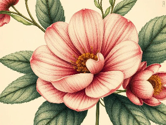 Generate botanical art blending vintage illustrations and hyperrealism, focusing on intricate details, soft color gradients, and realistic textures of petals and leaves, evoking 19th-century botanical prints. Create traditional hand-drawn botanical illustrations with vibrant colors and depth, showcasing lifelike textures and delicate details of leaves and flowers.